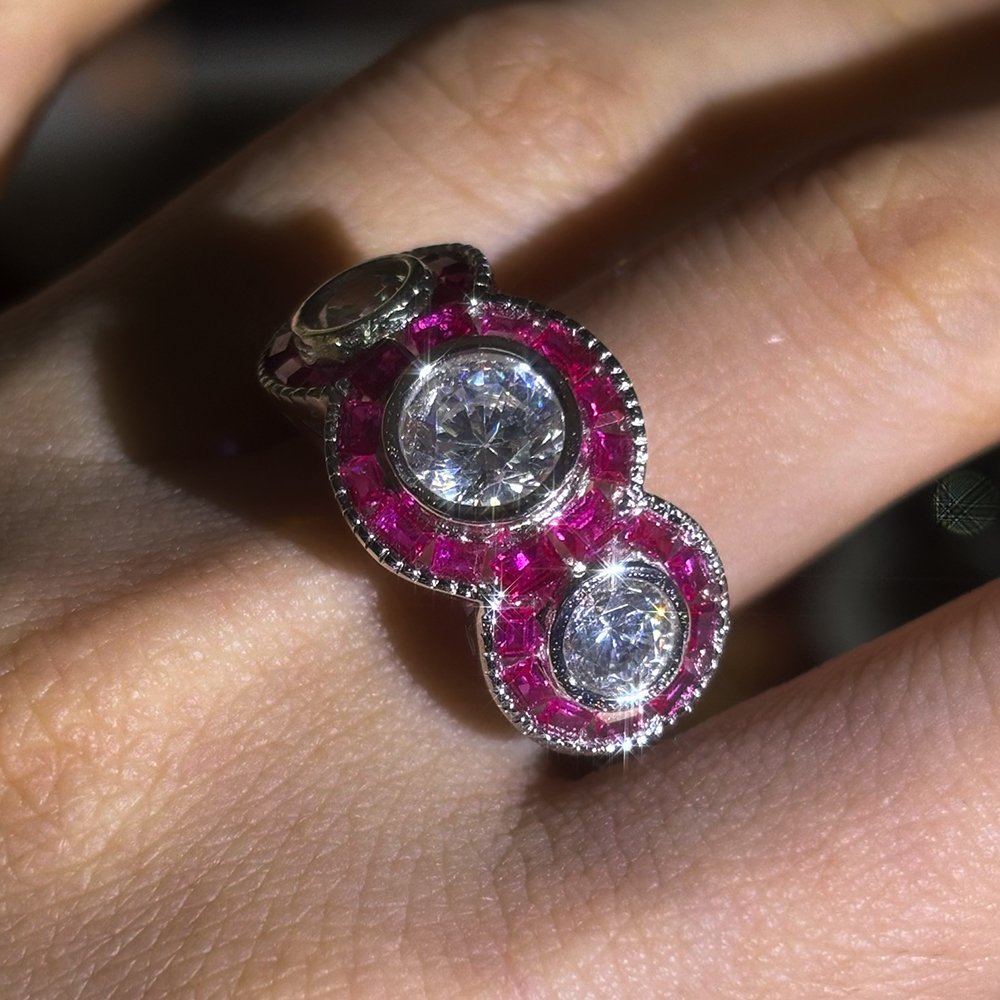 Art Deco Ruby Halo 5ct Round Cut White Sapphire Three Stone Ring