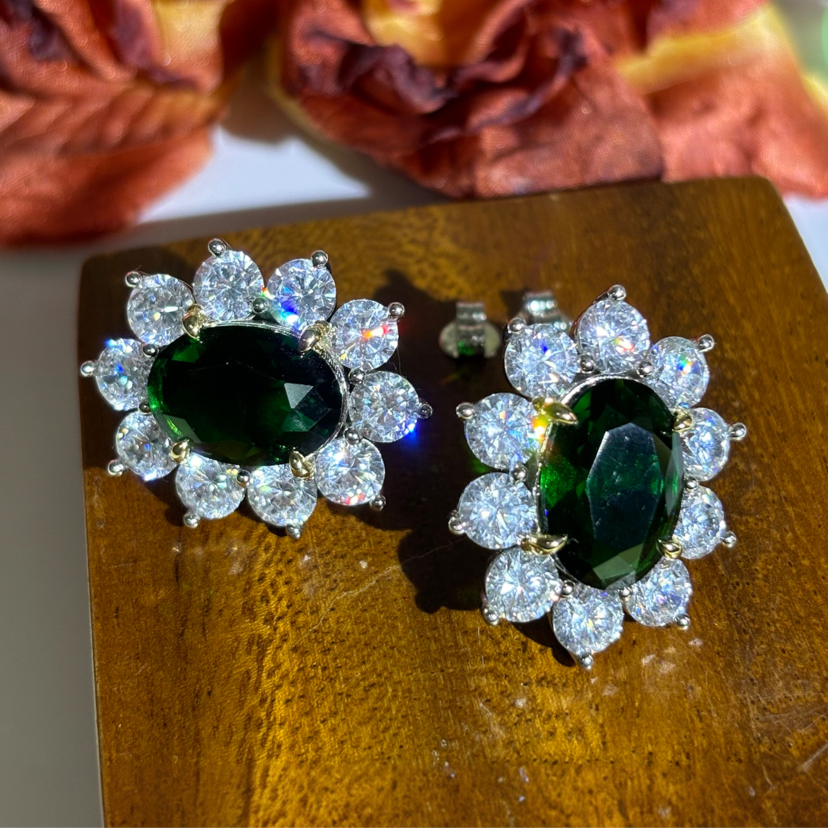 Halo Oval Cut Emerald Green Sapphire Stud Earrings