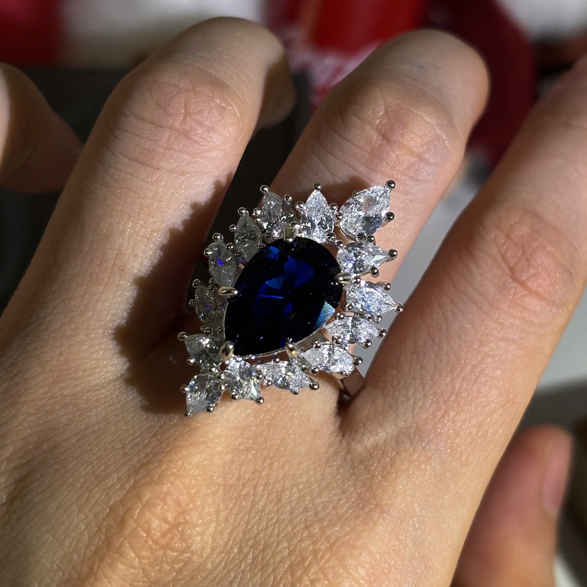 2.5ct Halo Pear Cut Sapphire Ring in 925 Sterling Silver