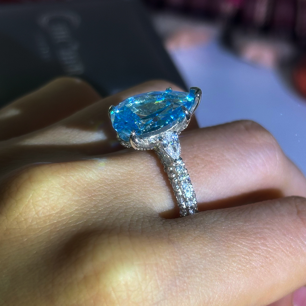 6ct Three-stone Pear Cut Blue Sapphire Engagement Ring