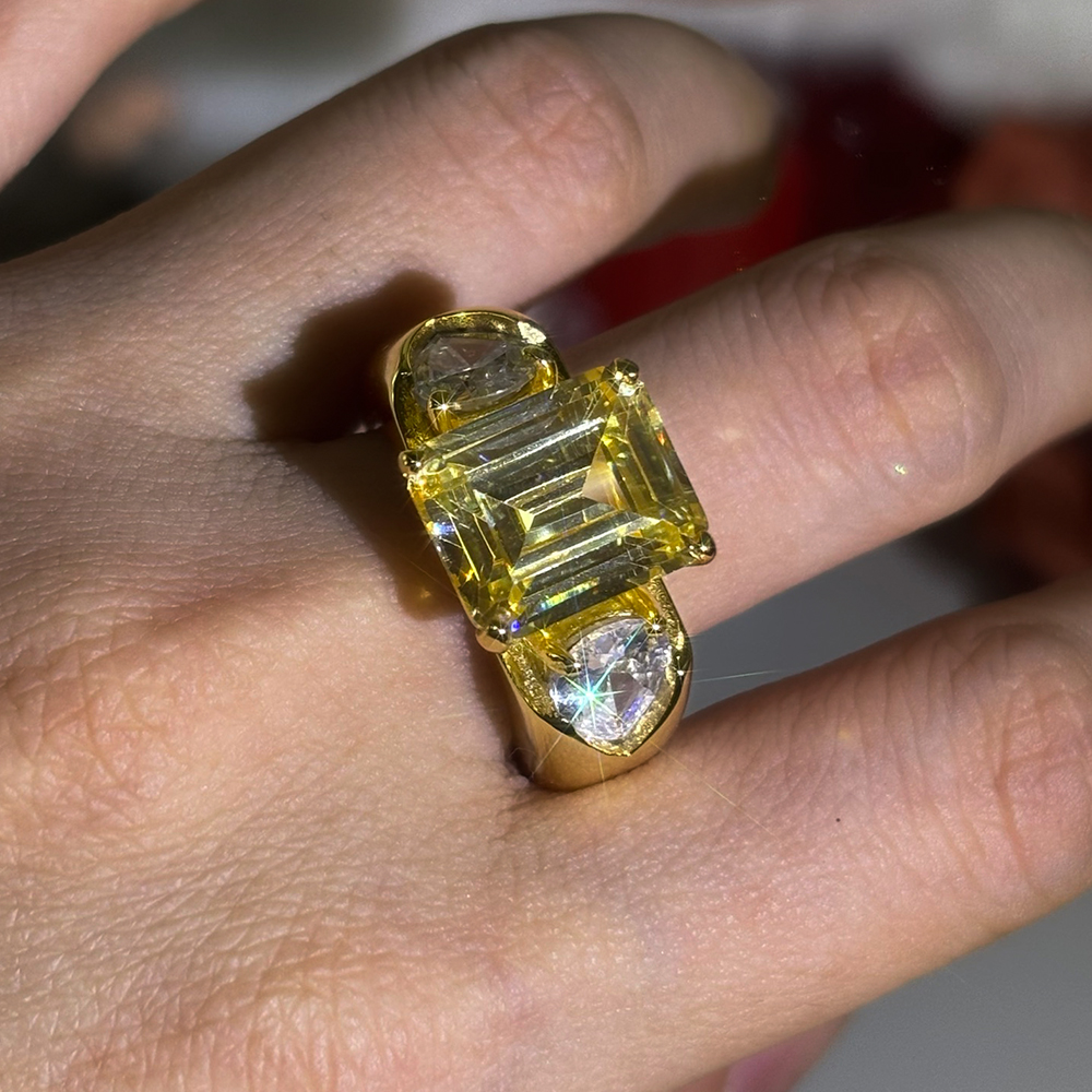 6ct Three Stone Emerald Cut Yellow Sapphire Ring for Men