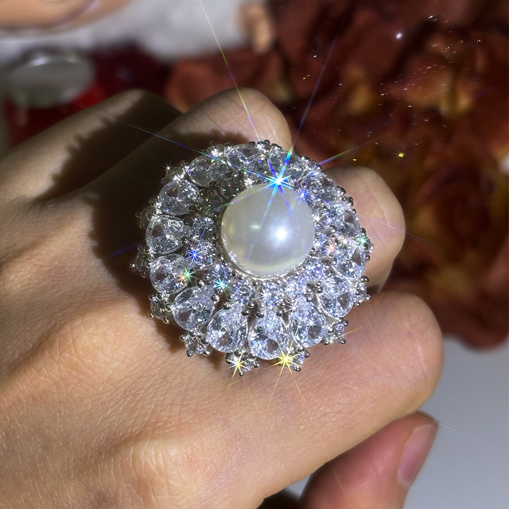 12mm Pearl Pear&Round Cut White Sapphire Cocktail Ring