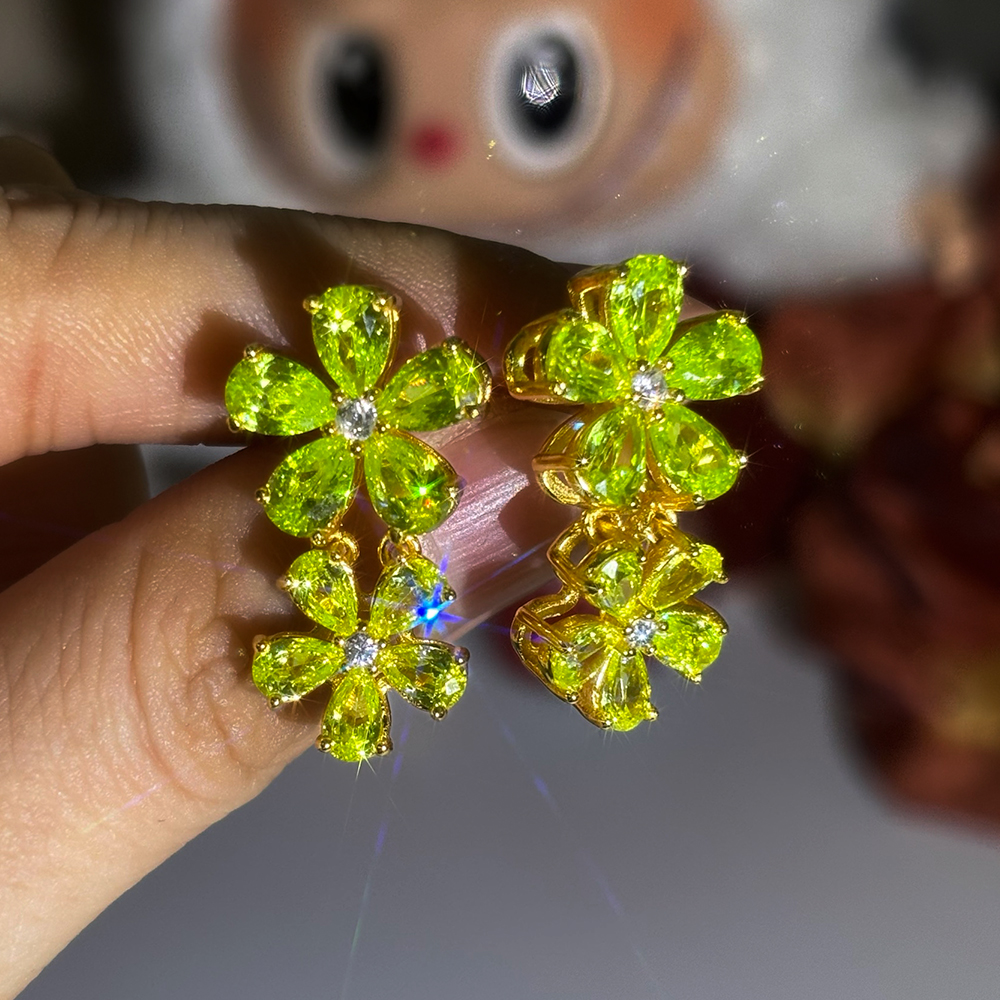 Flower Design Pear Cut Peridot Sapphire Dangle Earrings
