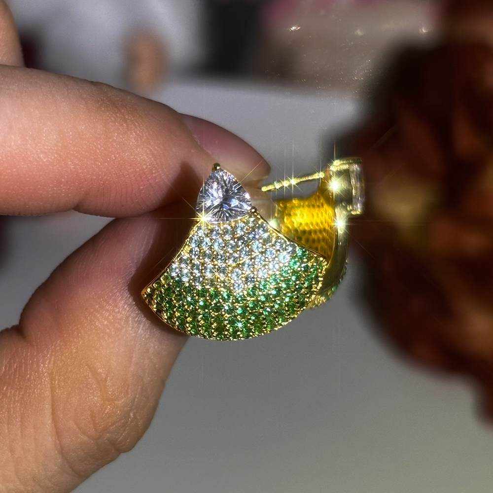 Fan Shape Gradient Emerald Sapphire Pave Stud Earrings