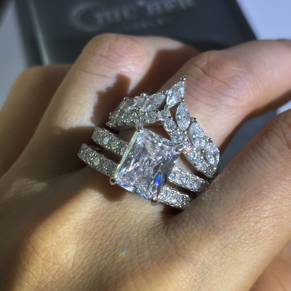 5ct Fashion Emerald Cut White Sapphire Bridal Set/3pcs