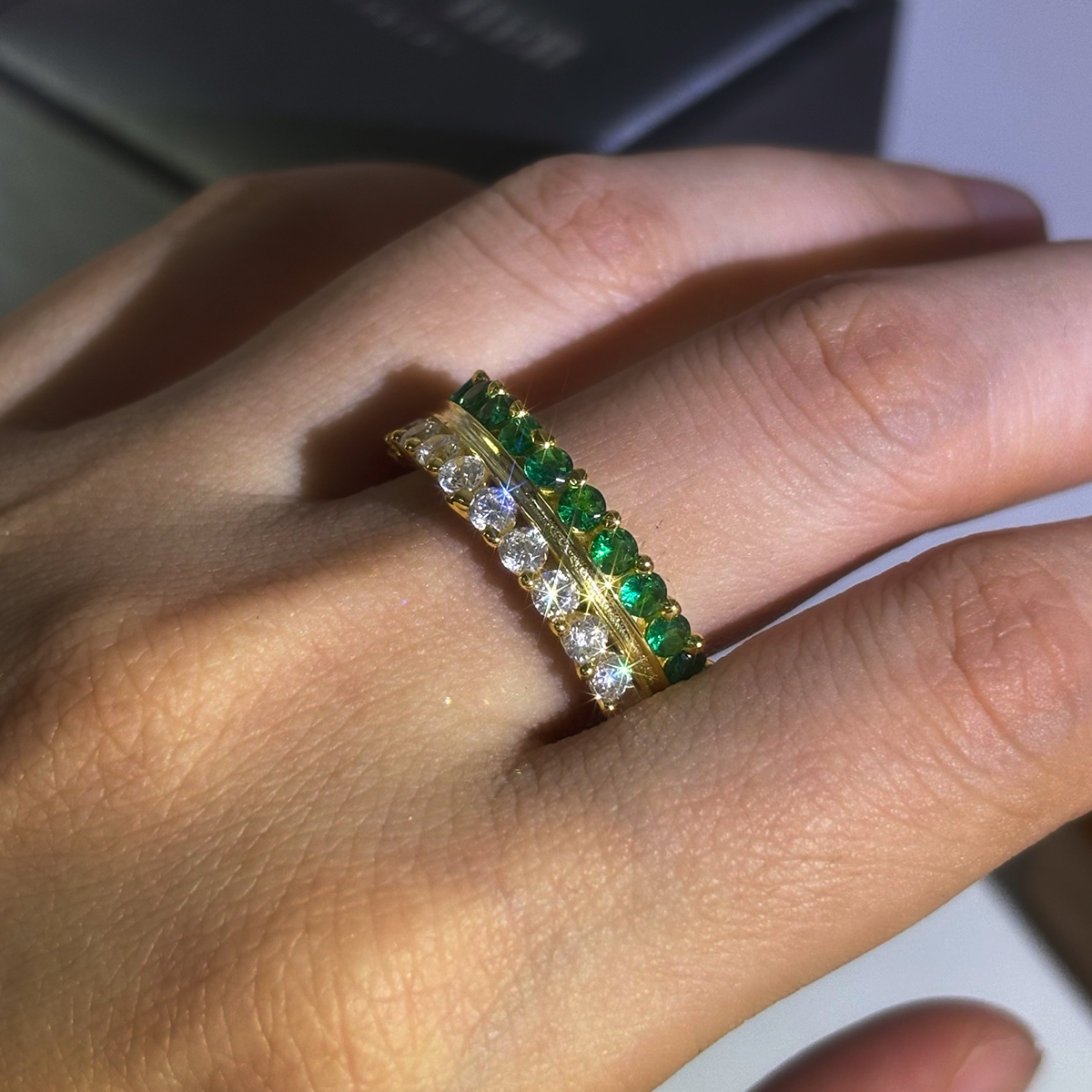 Emerald & White Sapphire Round Cut Two Color Band