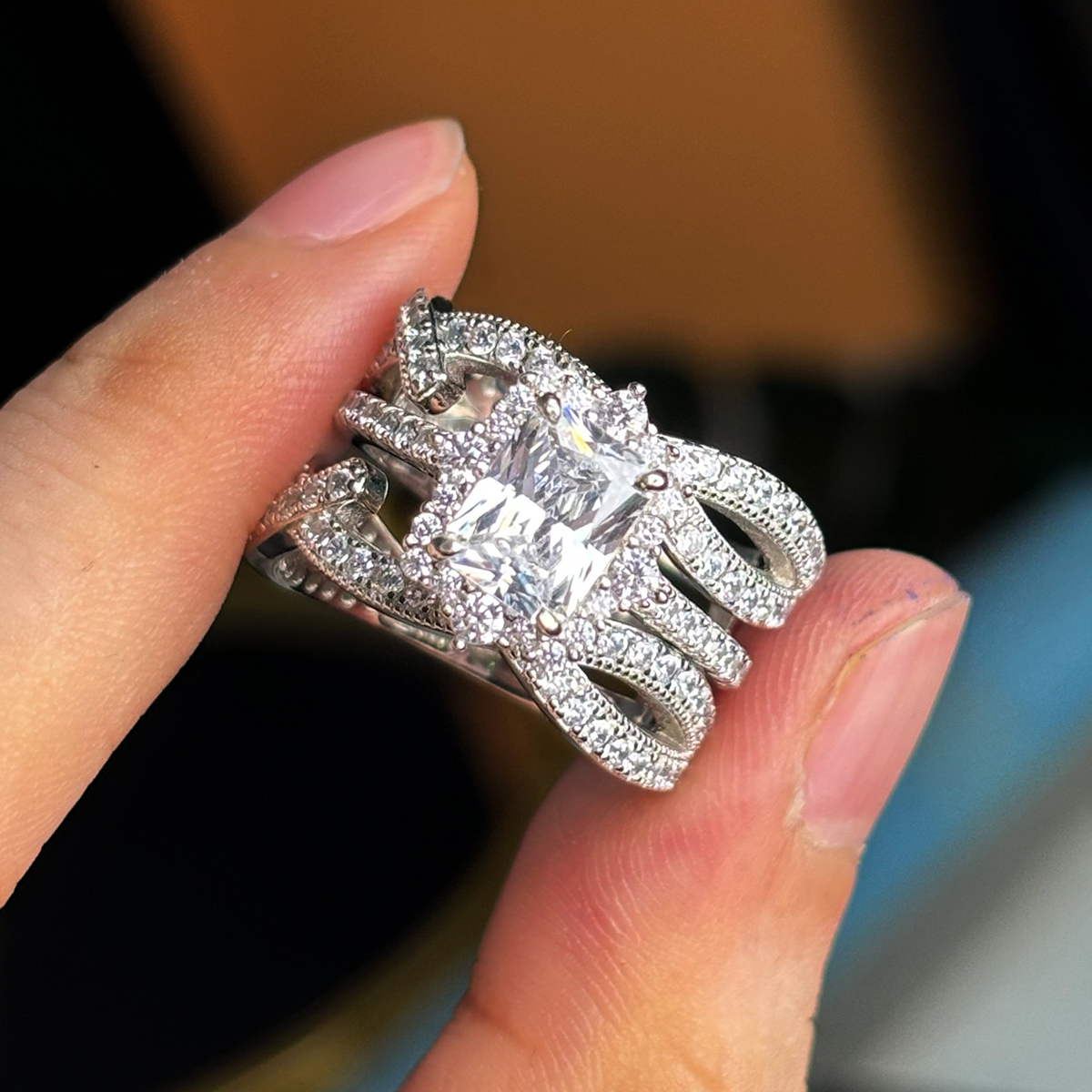 Radiant Cut Ring With Halo Diamond Matching Double Twisted Pave Set Wrap Enhancer Band / 2pcs