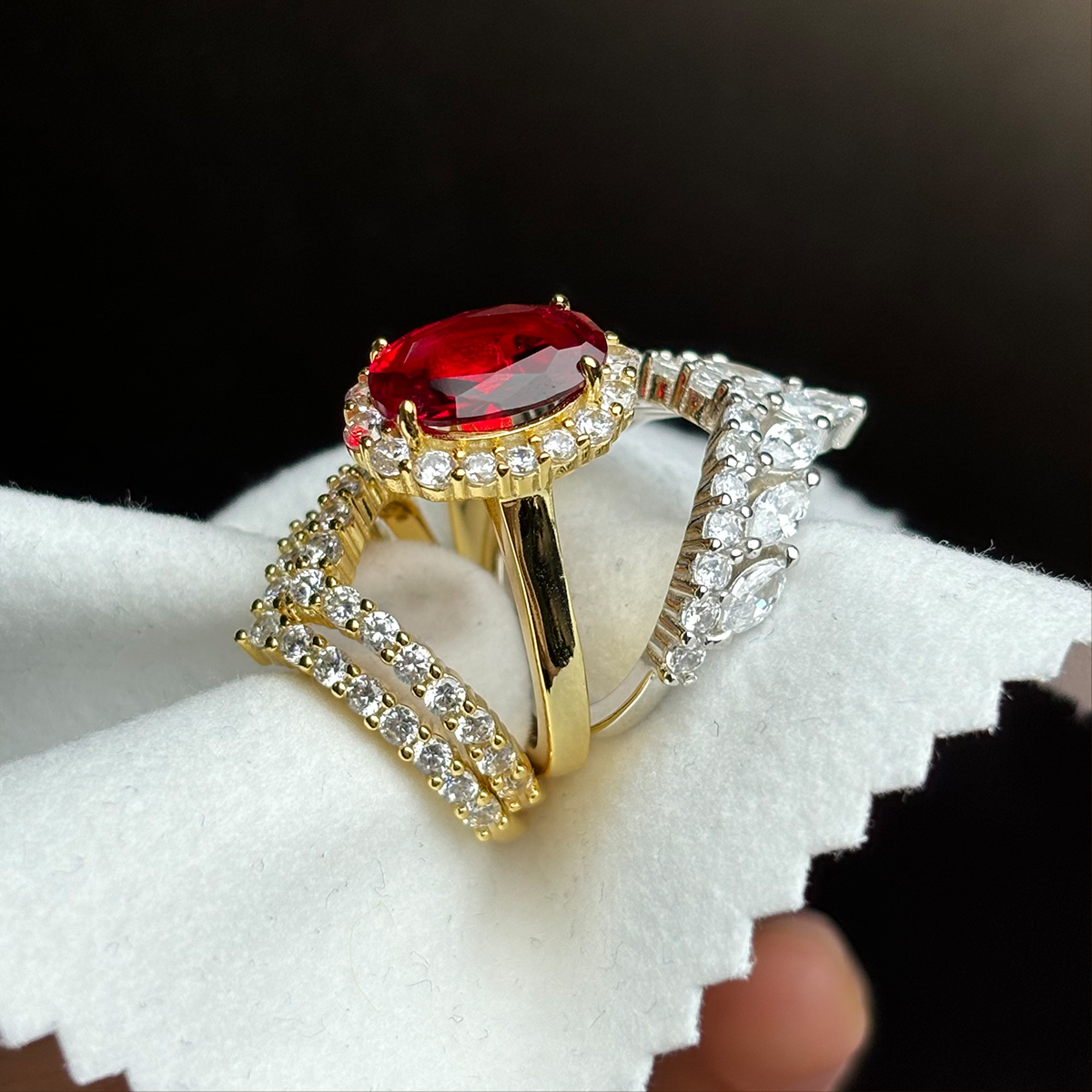 Halo 4ct Oval Cut Ruby Sapphire Wedding Set/4pcs