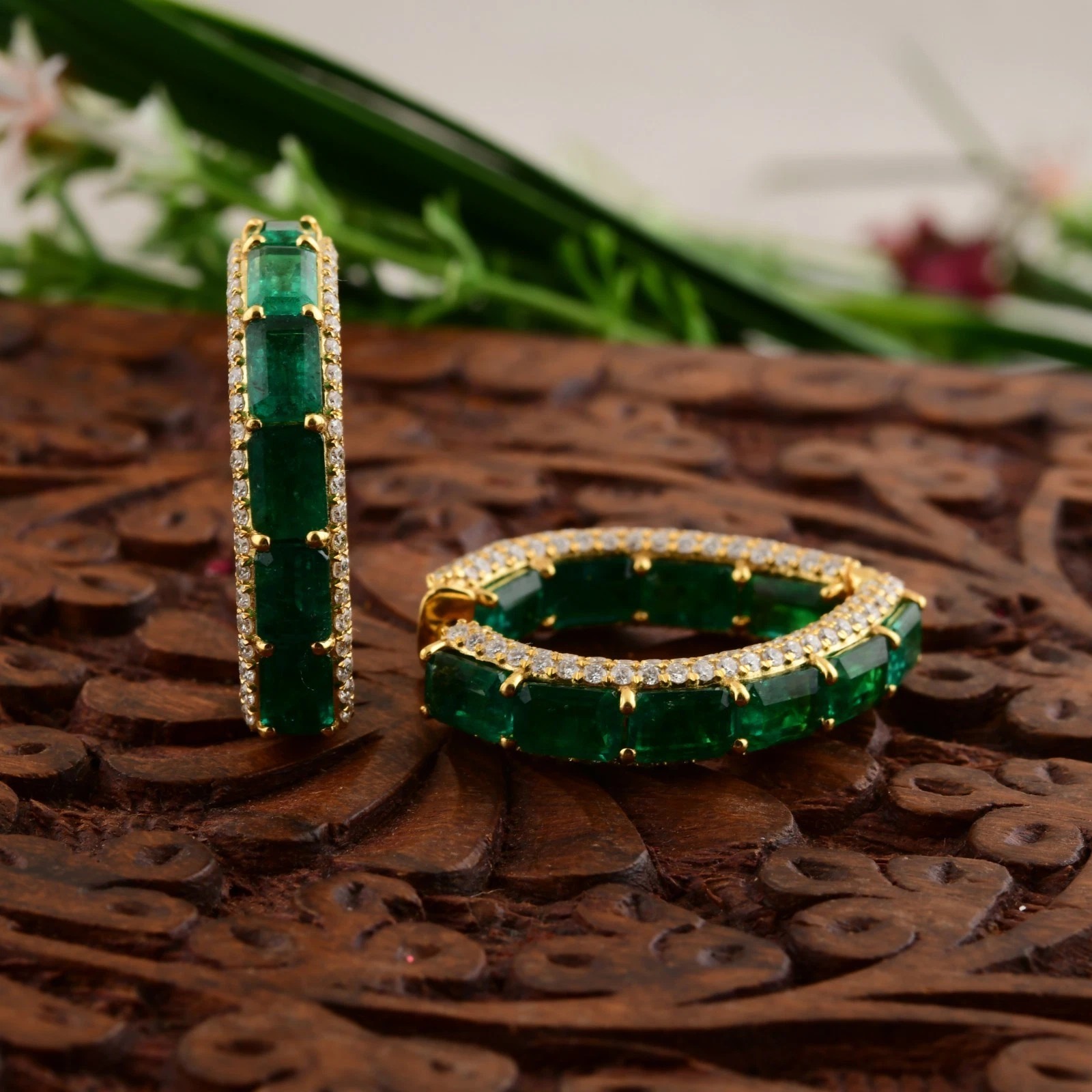 Emerald & White Sapphire Hoop Earrings