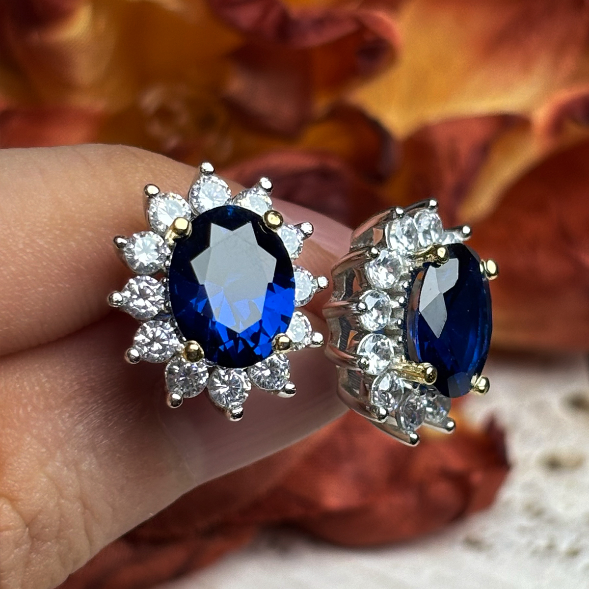 Halo Oval Cut Blue Sapphire Stud Earrings