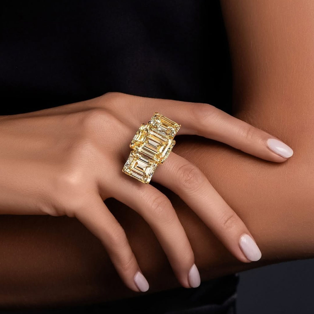 7ct Three Stone Emerald Cut Yellow Sapphire Engagement Ring