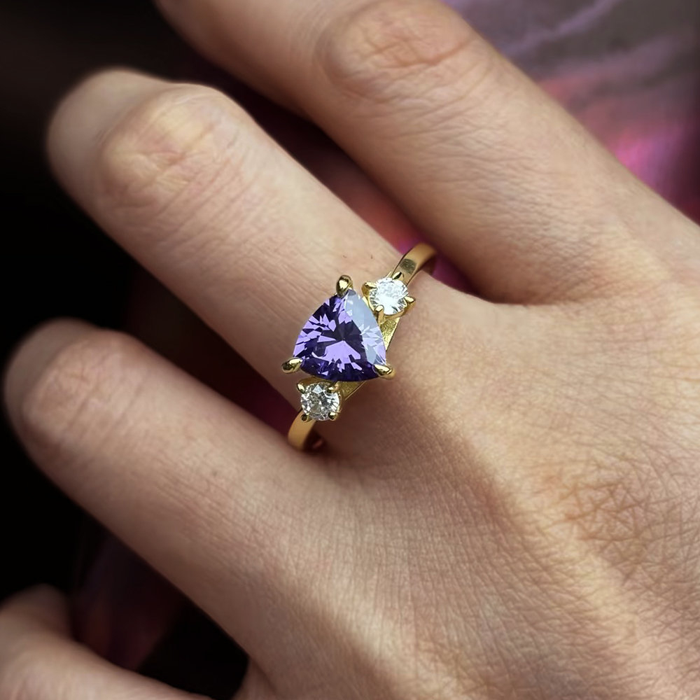 Three Stone 3ct Triangle Cut Tanzanite Sapphire Engagement Ring