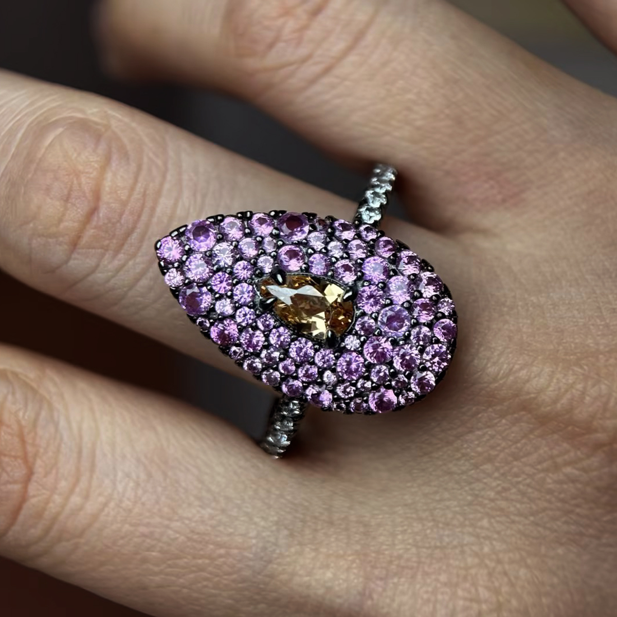Two Tone 2ct Pear Cut Champagne Sapphire Pave Ring