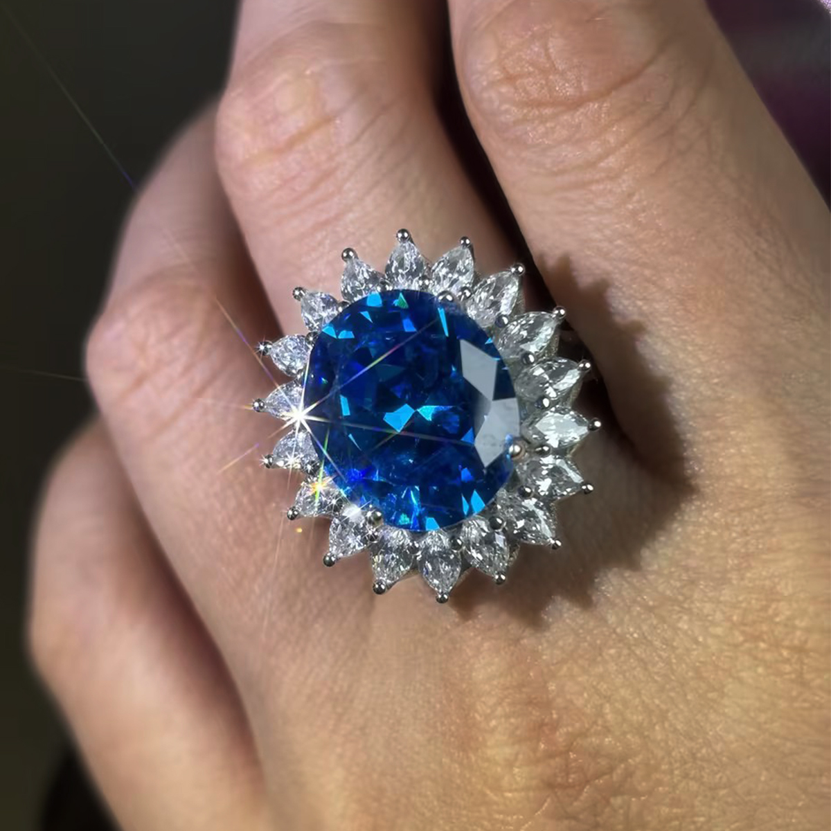 6ct Oval Cut Blue Sapphire Sunflower Engagement Ring