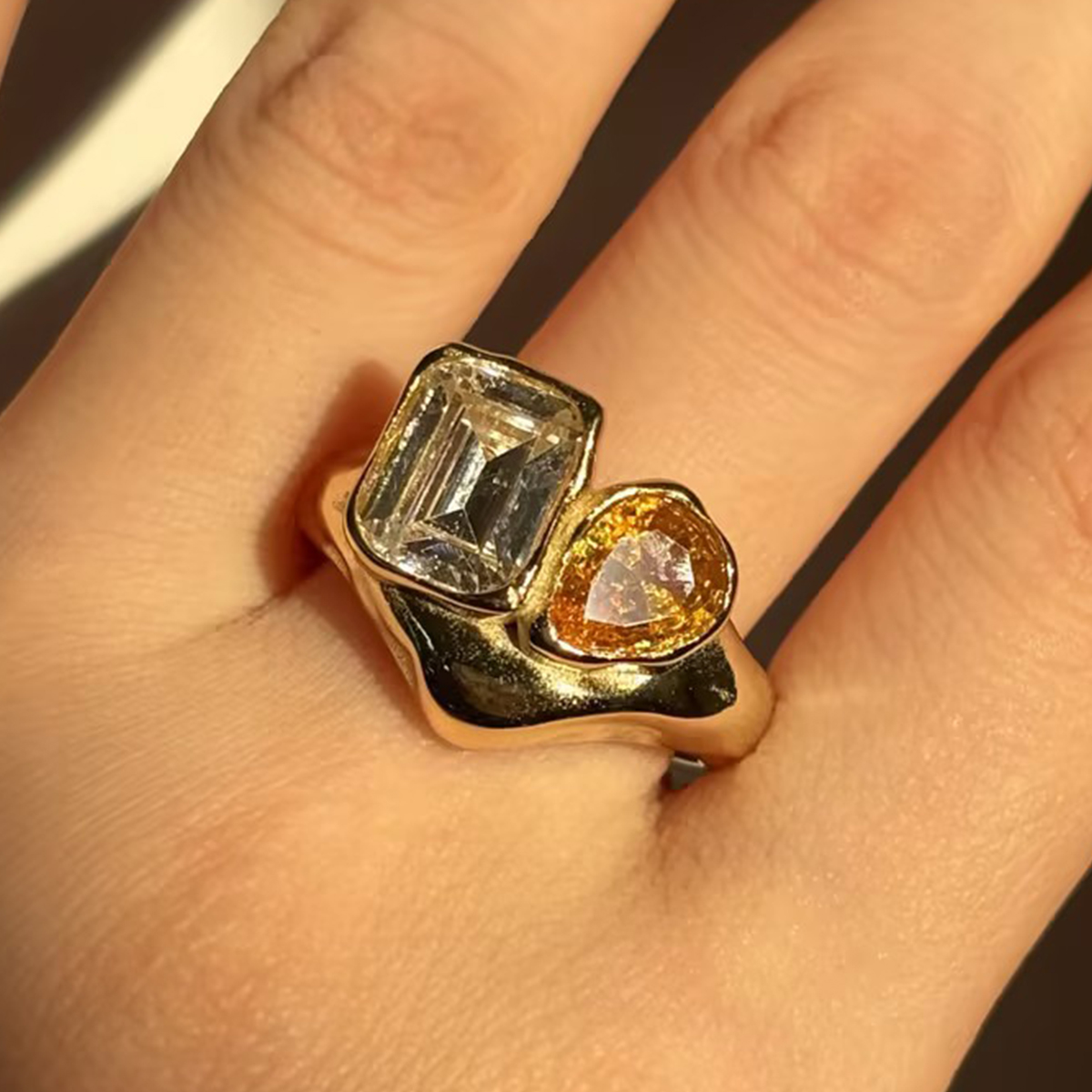 Toi et Moi Yellow & White Sapphire Emerald & Pear Cut Ring