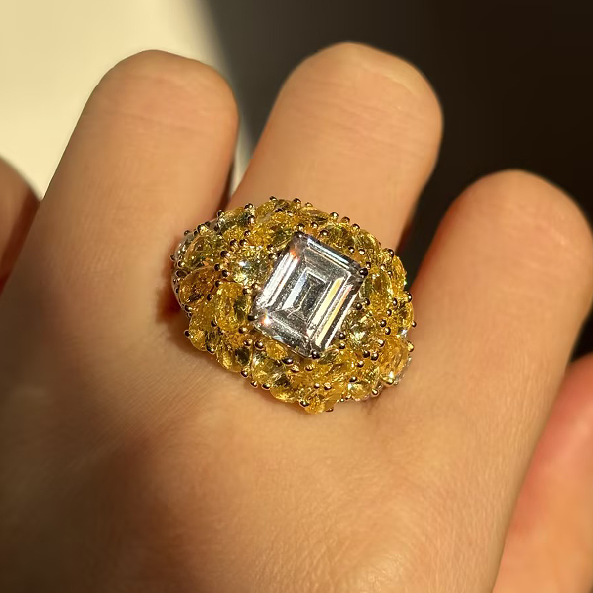 4ct Emerald Cut White Sapphire & Round Cut Yellow Sapphire Ring
