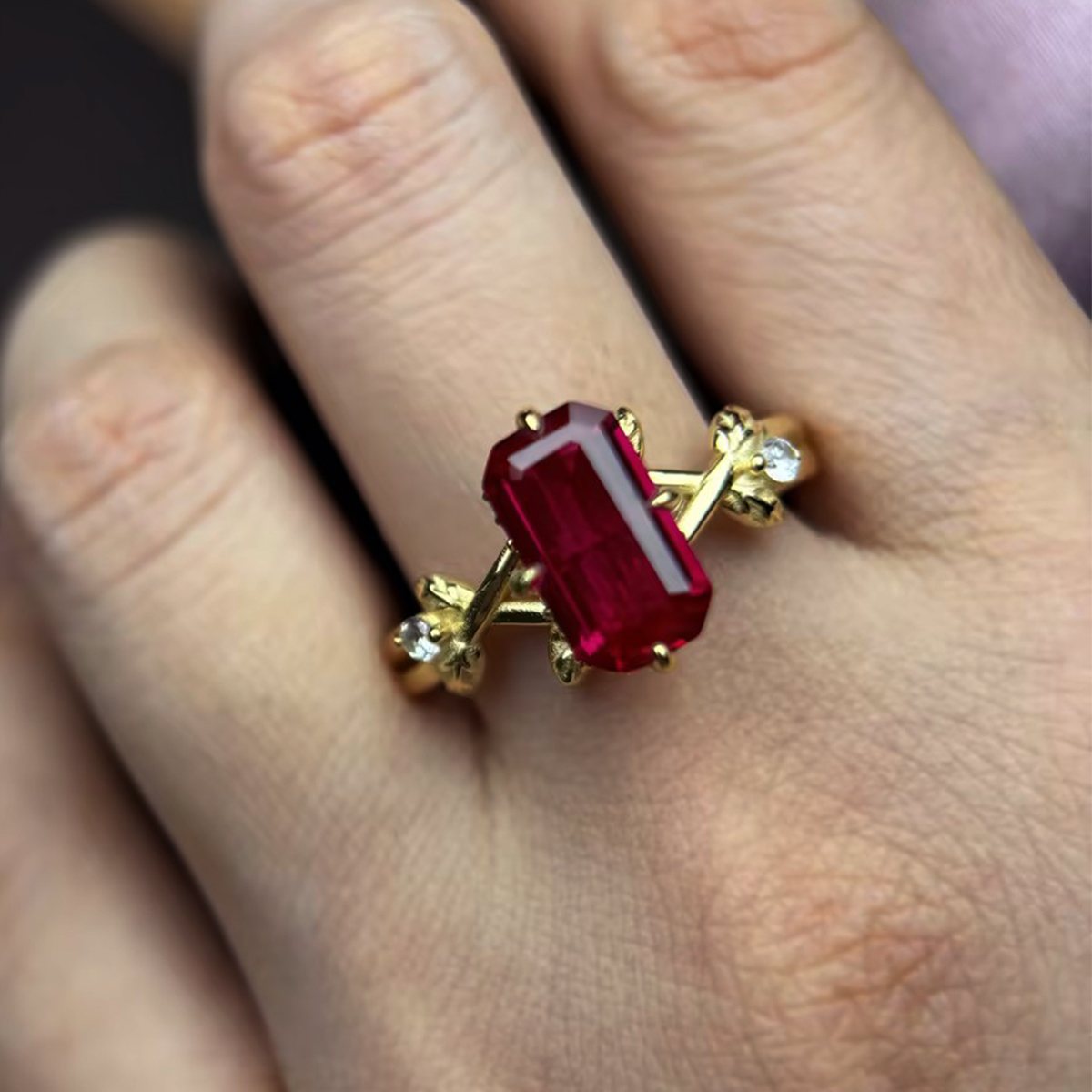 3ct Emerald Cut Ruby Sapphire Vine Engagement Ring