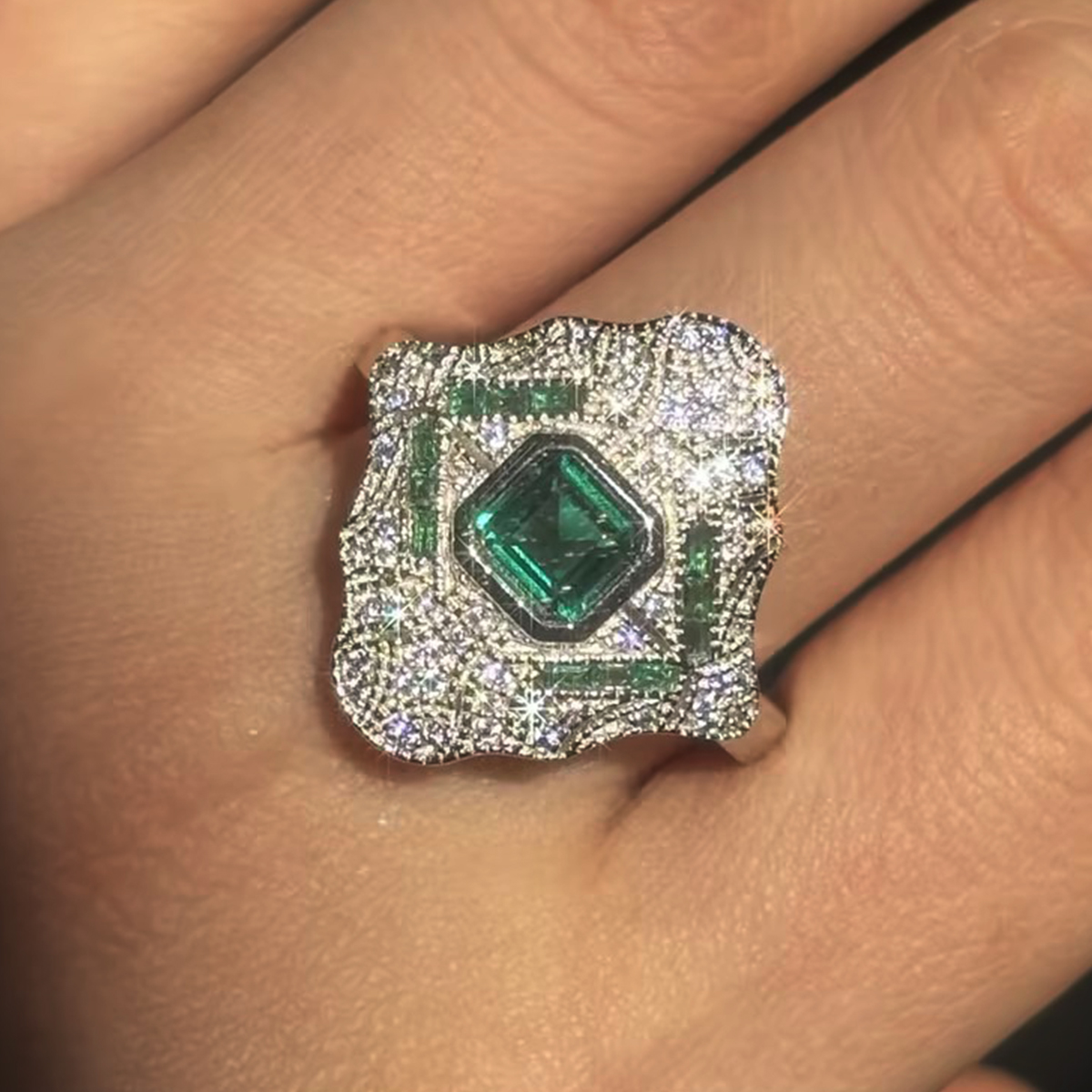 3ct Art Deco Asscher Cut Emerald Sapphire Engagement Ring