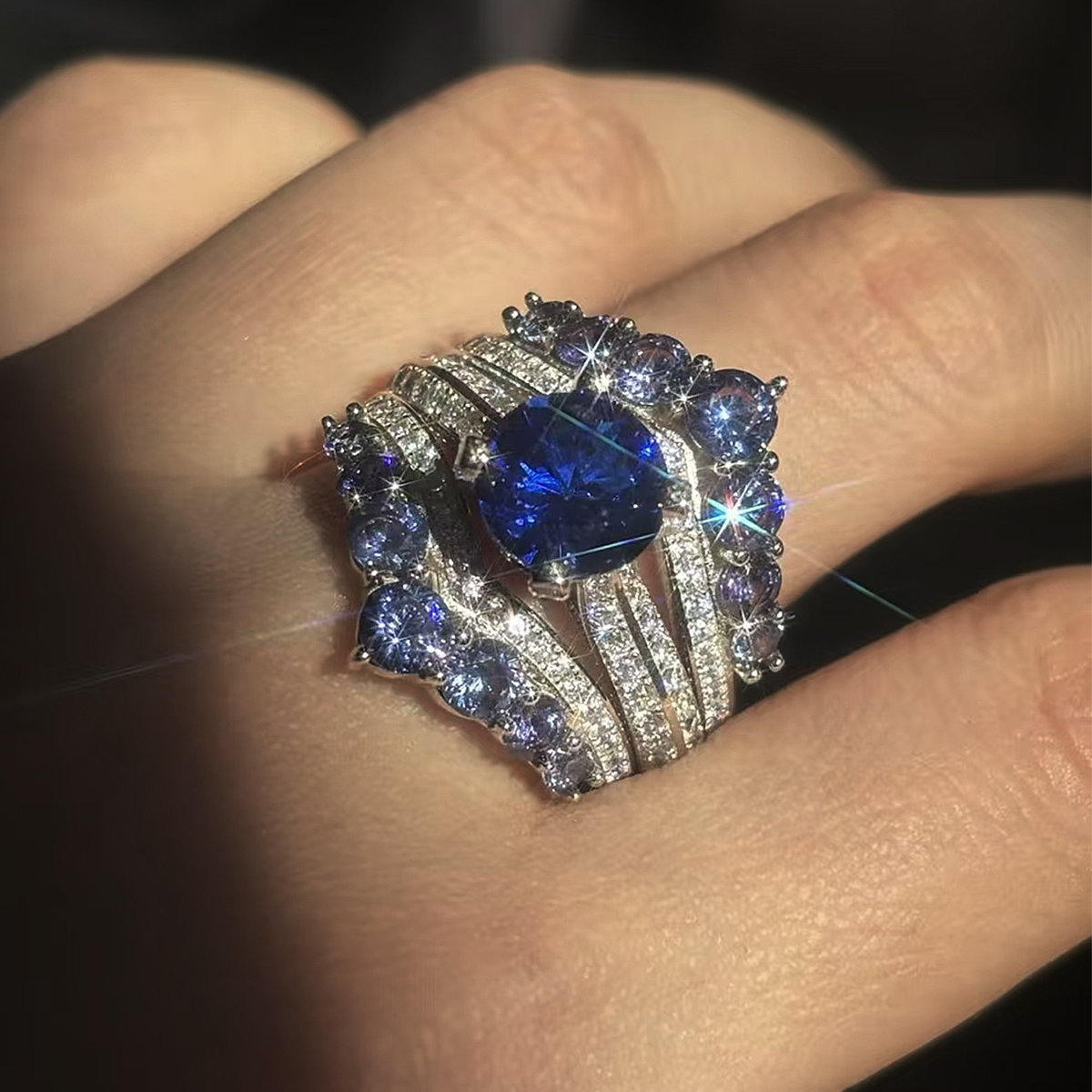 Dramatic Regal 3ct Round Cut Blue Sapphire Ring Set / 2 pieces