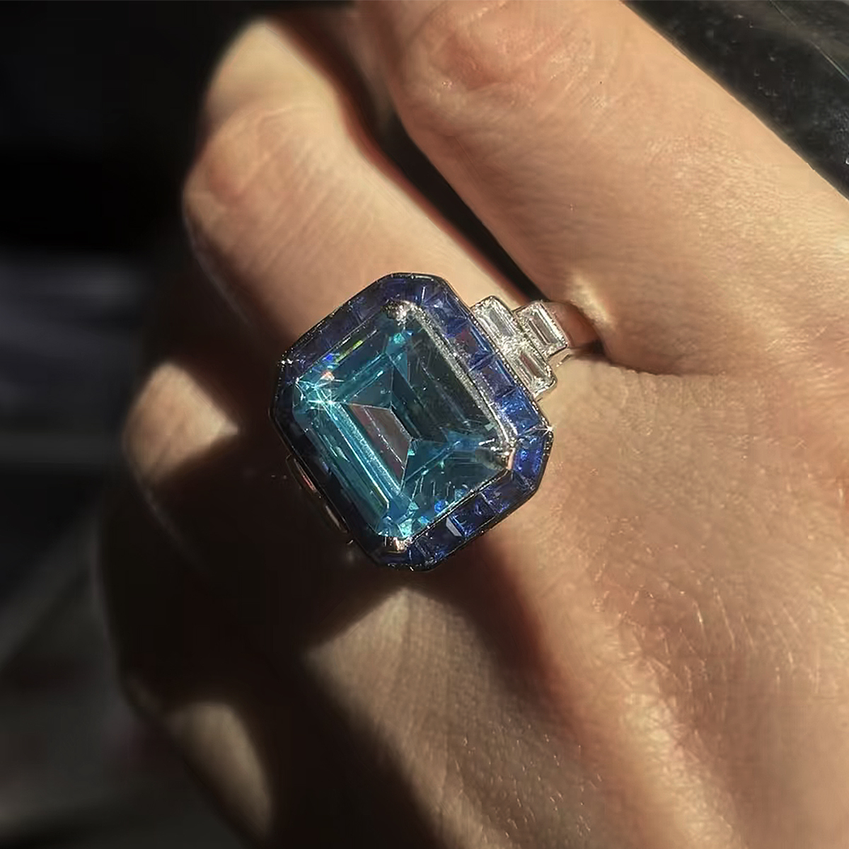 5ct Emerald Cut Aquamarine & Sapphire Cocktail Ring