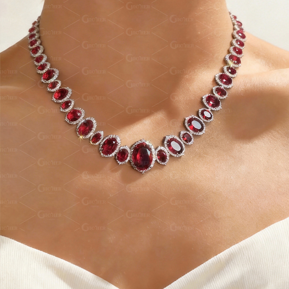 Oval Cut Vivid Red Ruby & White Sapphire Necklace