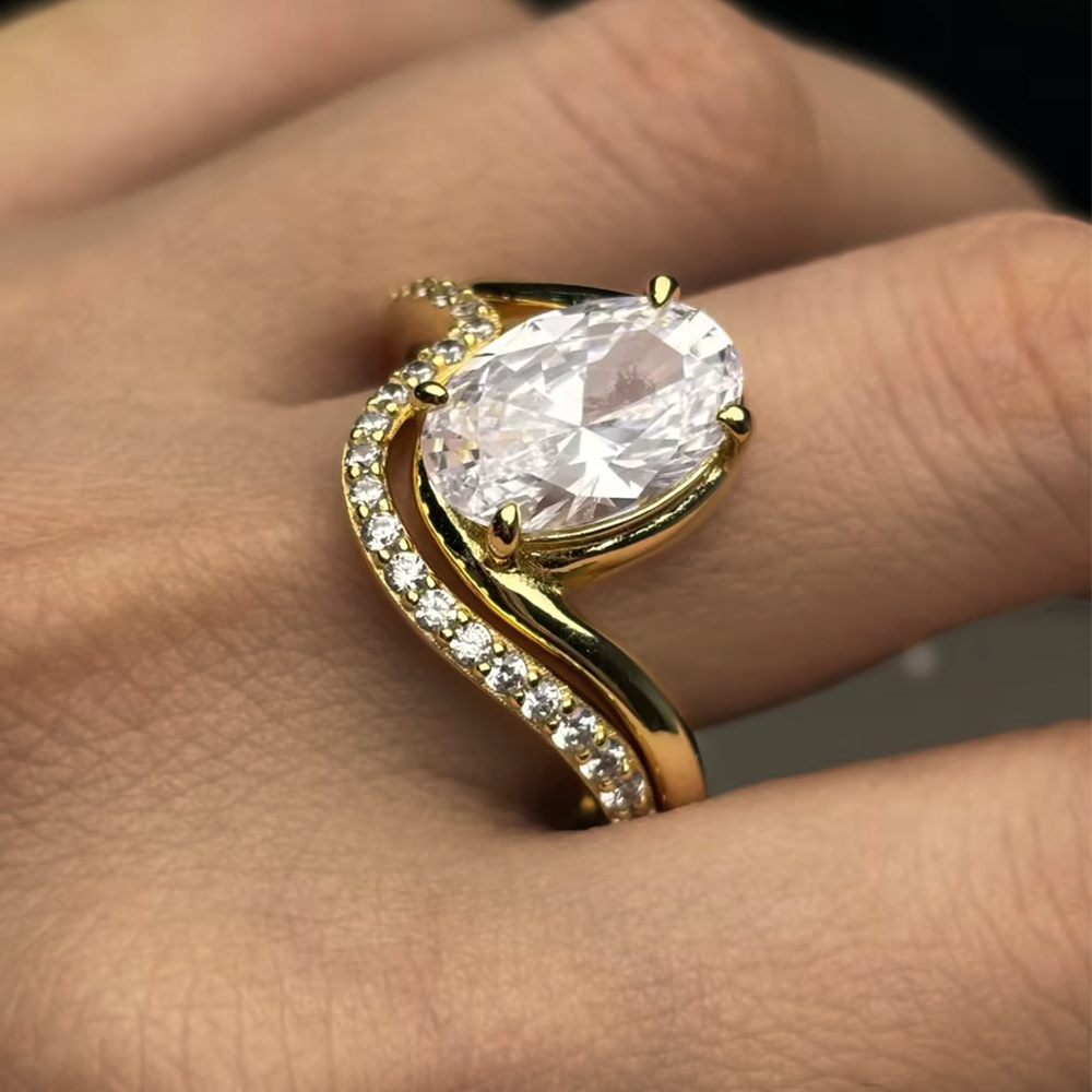 Oval Cut Bypass Shank Prong Setting Ring Bride Set / 2-piece