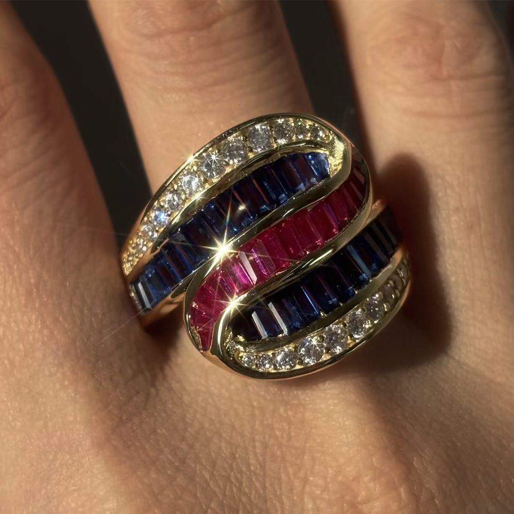Baguette&Round Cut Multi-color Cluster Cocktail Ring
