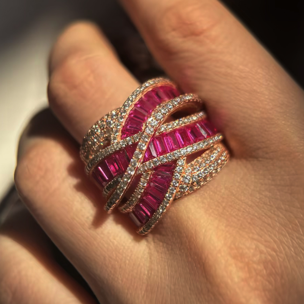 Twisted Pave Ruby & White Sapphire Emerald Cut Multi-Band