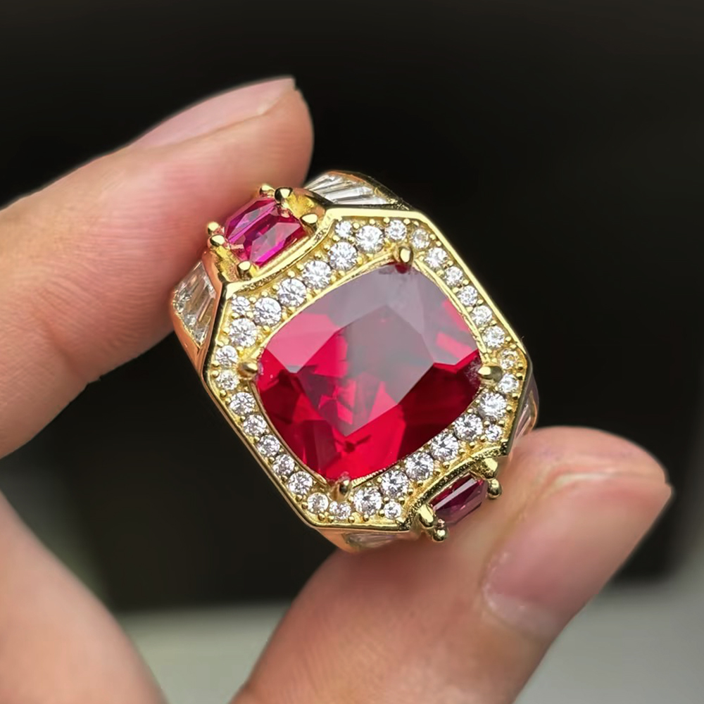 Cushion Cut Ruby & Multi-Cut White Sapphire Men's Ring