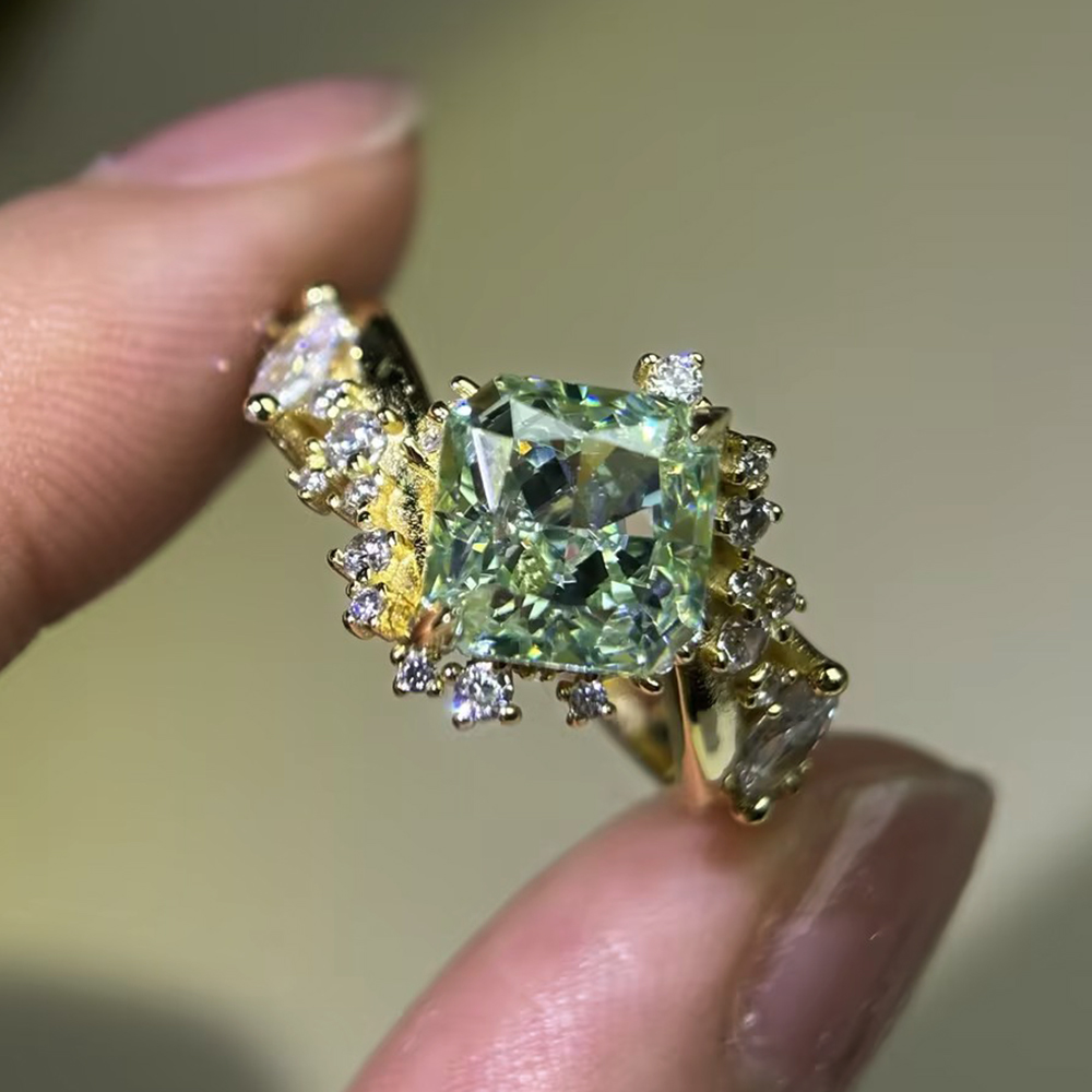 3ct Cushion Cut Mint Green Sapphire & White Sapphire Asymmetrical Cluster Ring