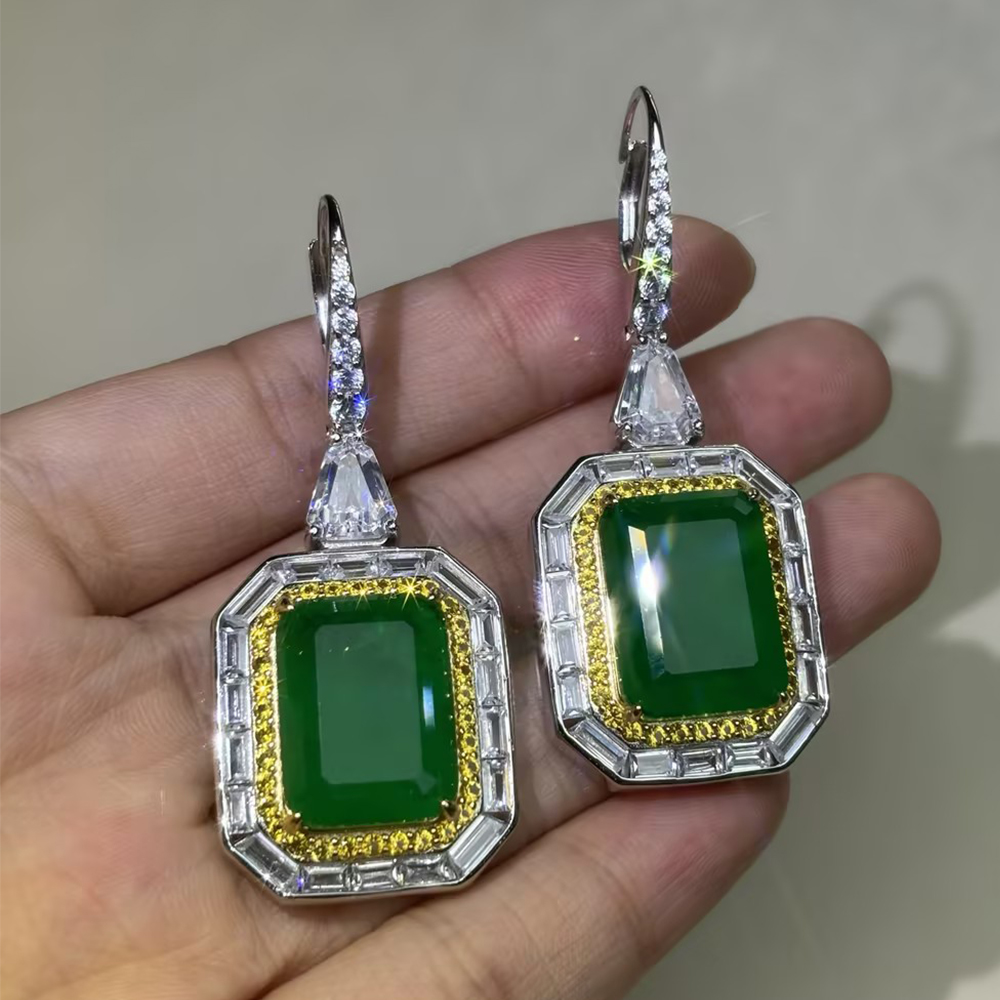 Emerald Cut Halo Peridot Drop Earrings