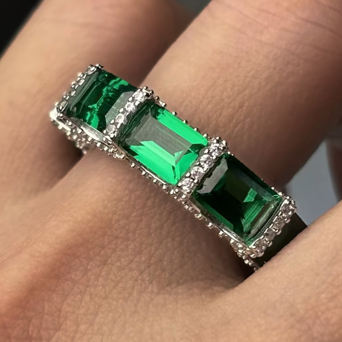 10ctw Emerald Cut Emerald & White Sapphire Pavé Eternity Band