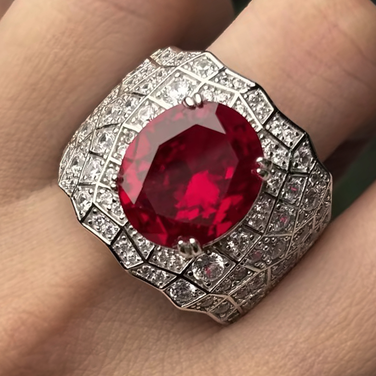 Luxe Grid Pattern Ruby Oval Cut & Pave Diamond Accents Cocktail Ring
