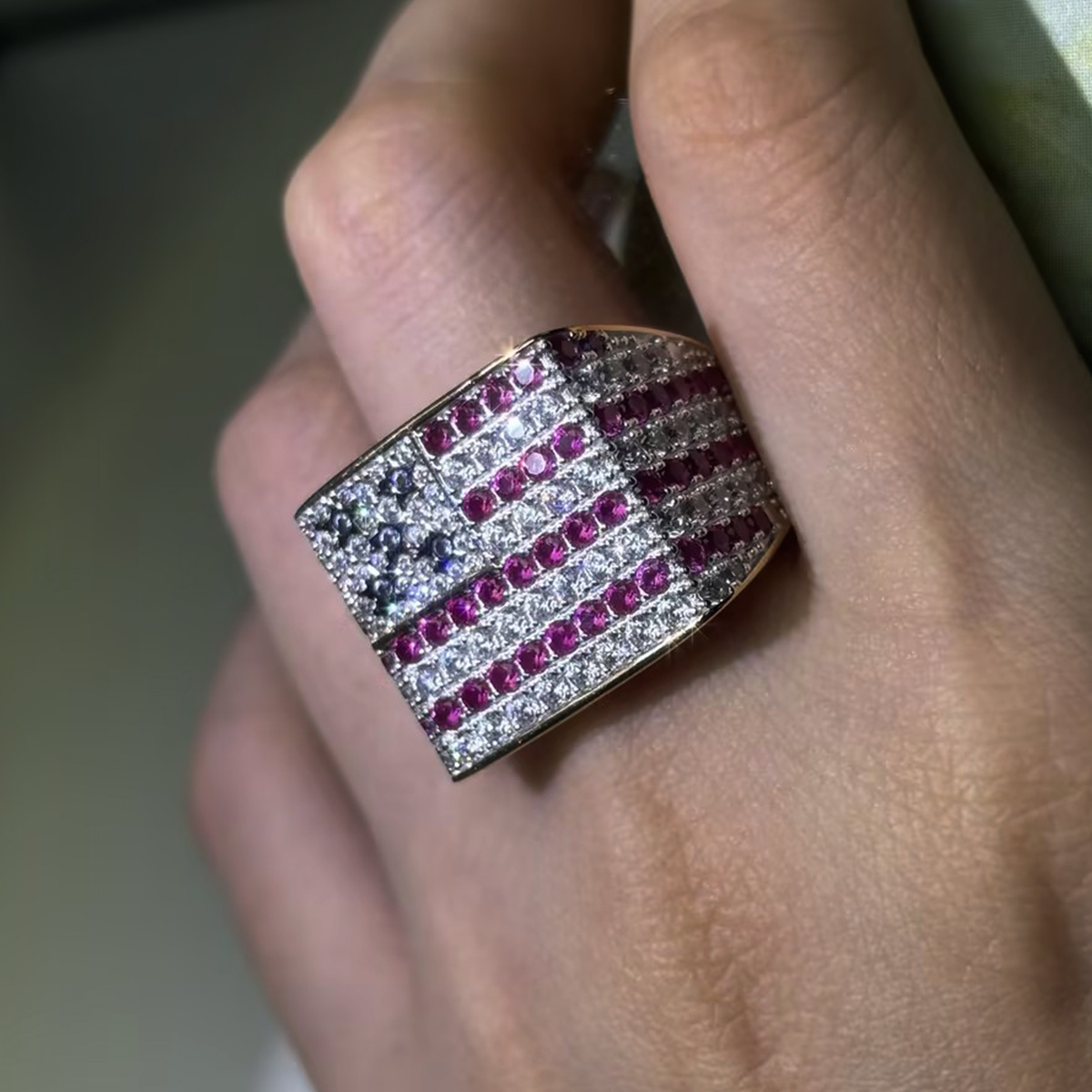 American Flag Motif White Sapphire Statement Band for Men/Women