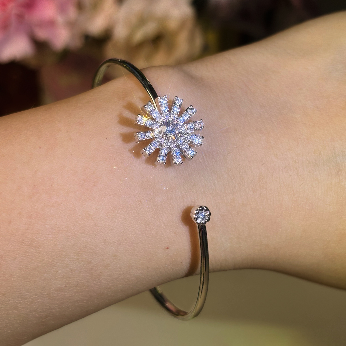 Pavé White Sapphire Starburst Open Cuff Bangle Bracelet (Sold Individually)