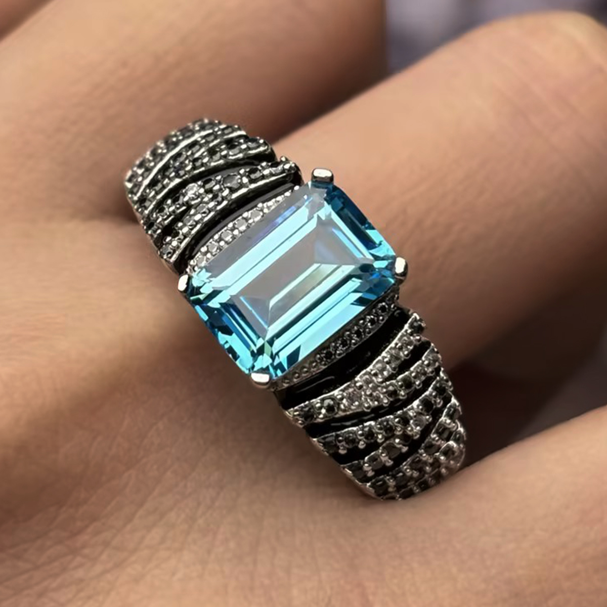 Two-Tone Emerald Cut Aquamarine Engagement Ring