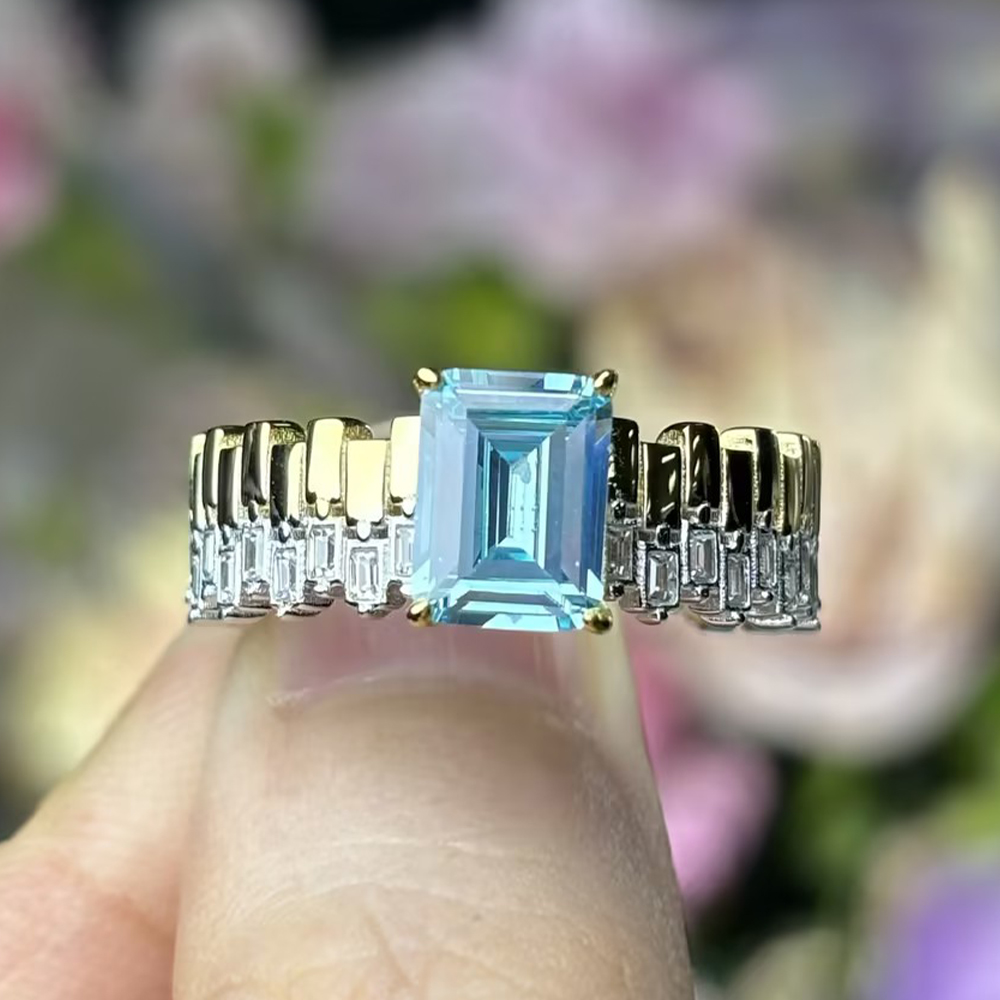 Original Design - 3ct Emerald Cut Aquamarine Sapphire Engagement Ring