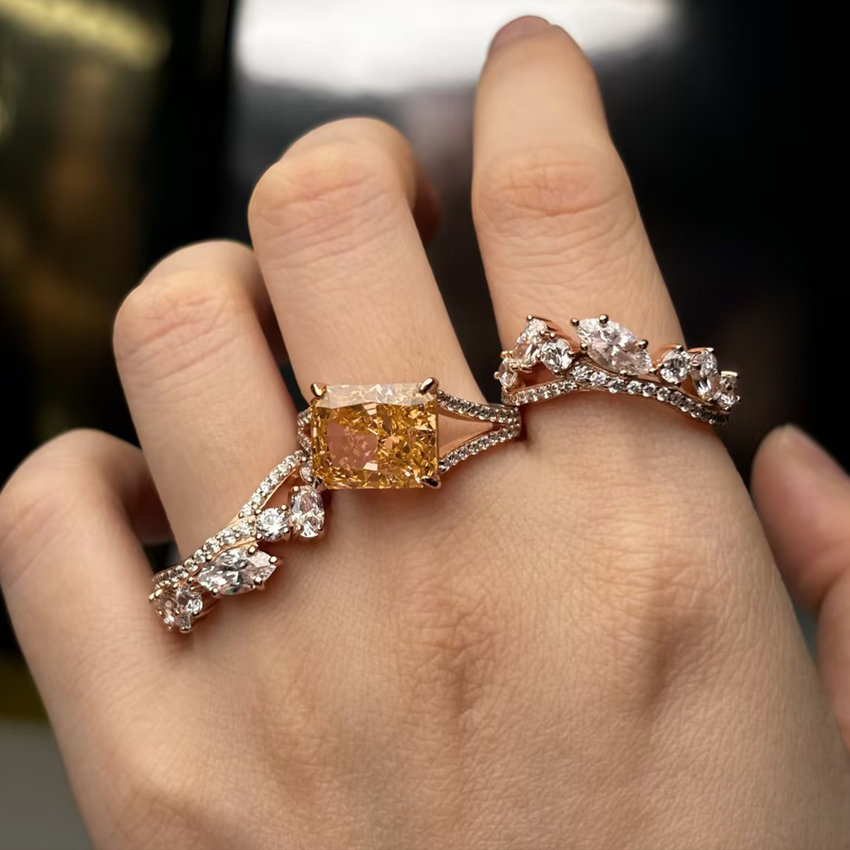 3ct Radiant Cut Peach Morganite Multi-Stone Bridal Ring Set (3-Piece Stacking Set)