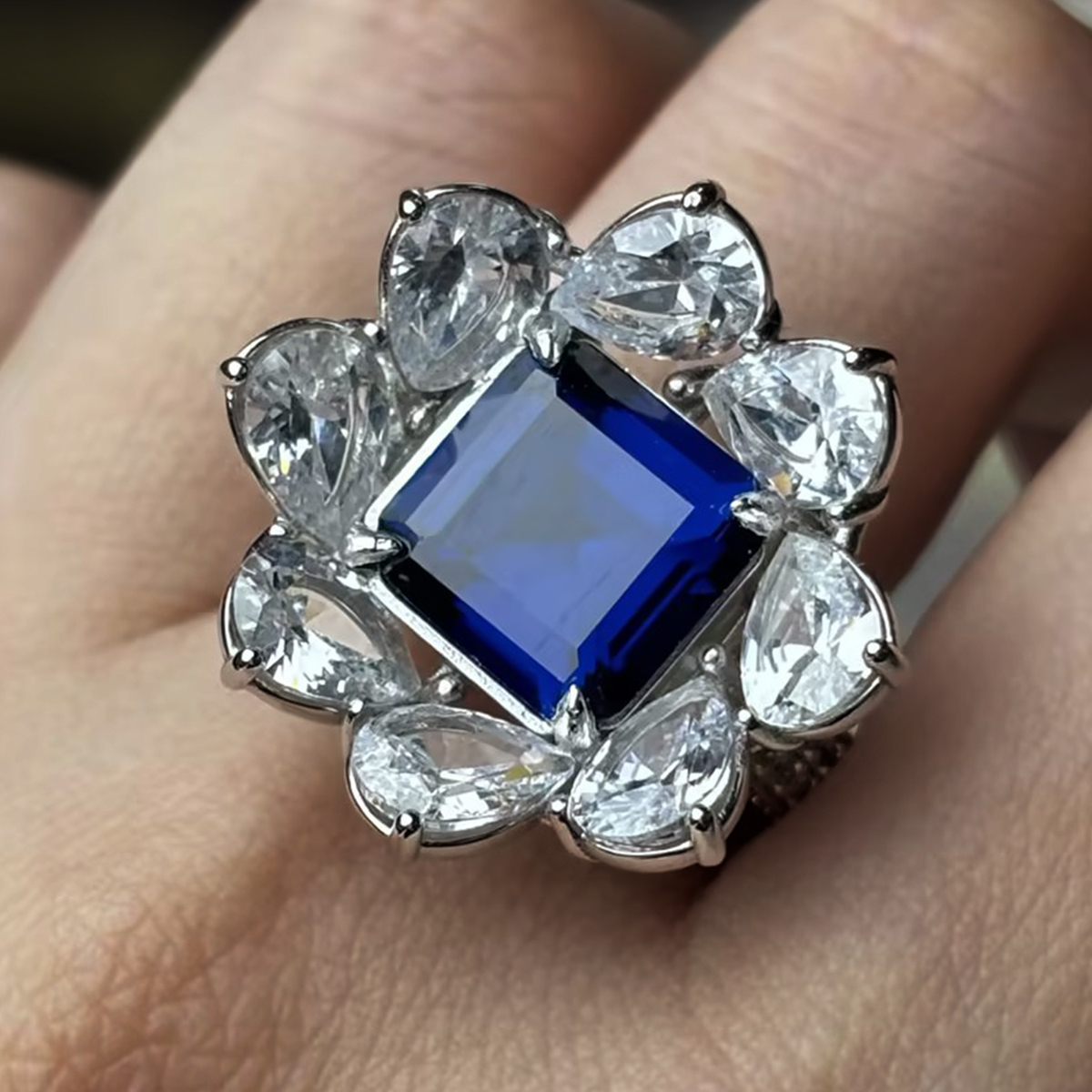 Halo 3ct Asscher Cut Blue & White Sapphire Engagement Ring