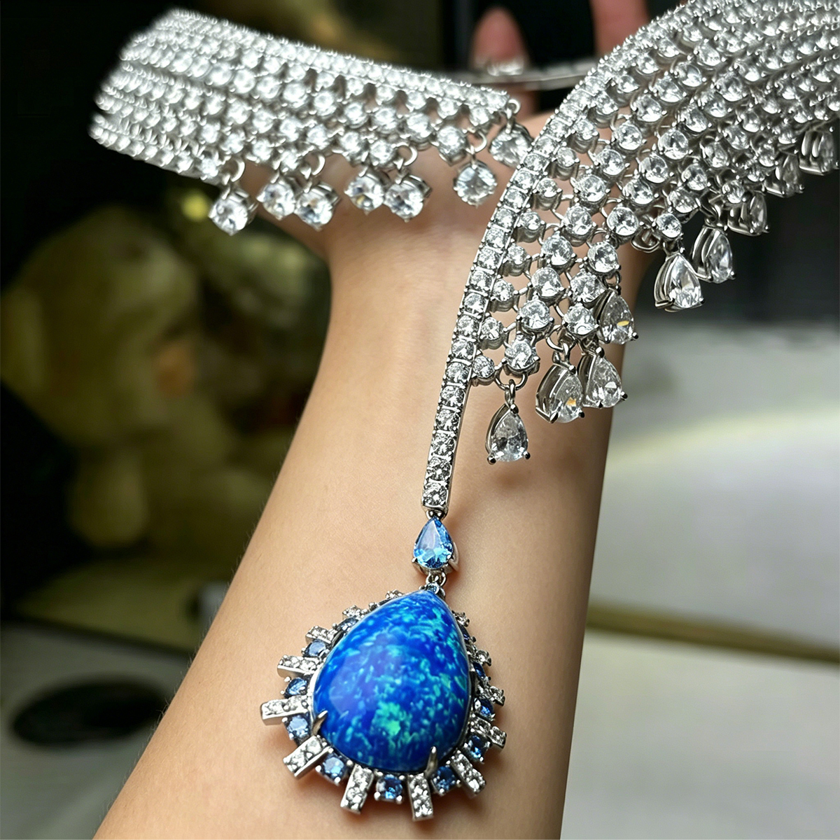Opal & White Sapphire Convertible Multi-Row Choker Necklace