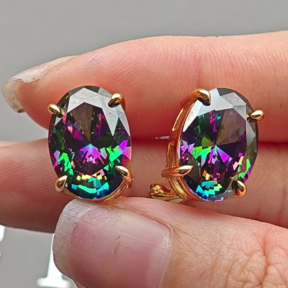 Oval Mystic Topaz Stud Earrings 14K Yellow Gold