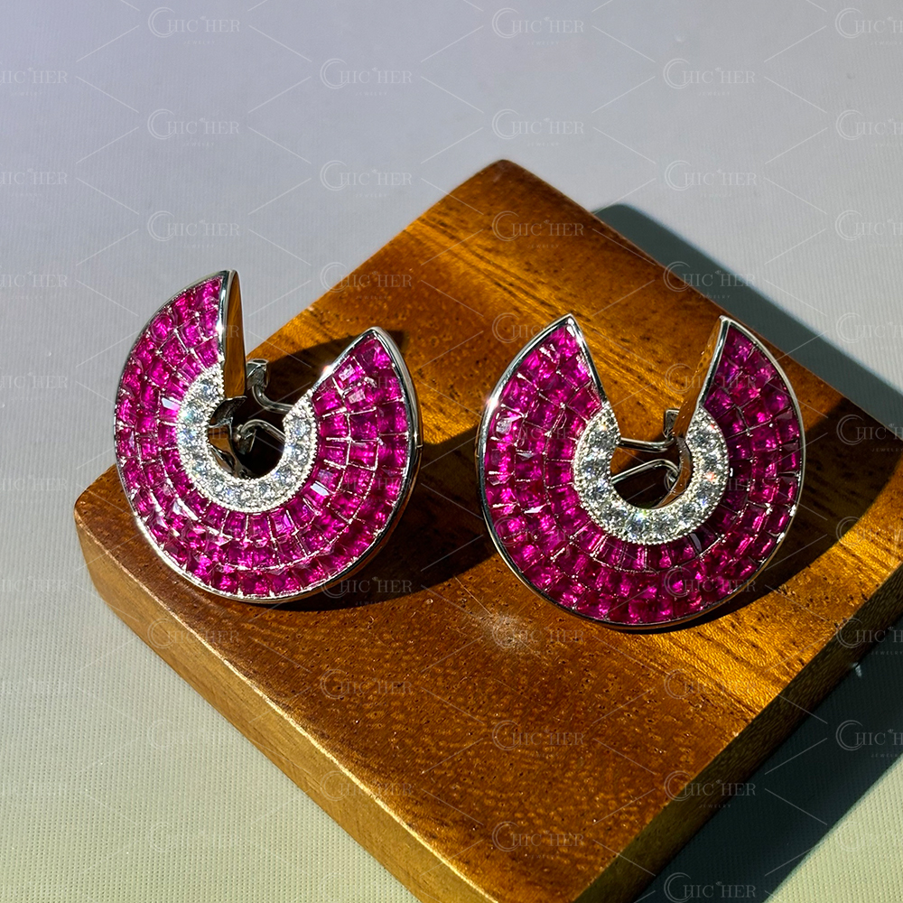 Invisible Setting Ruby&White Sapphire Scallop Earrings