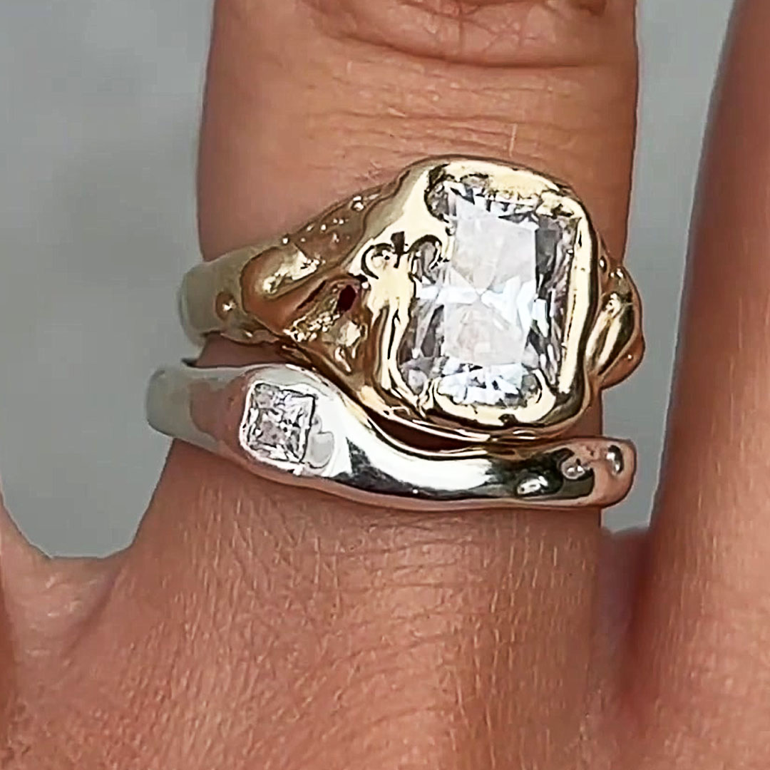 Art Deco Design 4ct Radiant Cut White Sapphire Ring Set