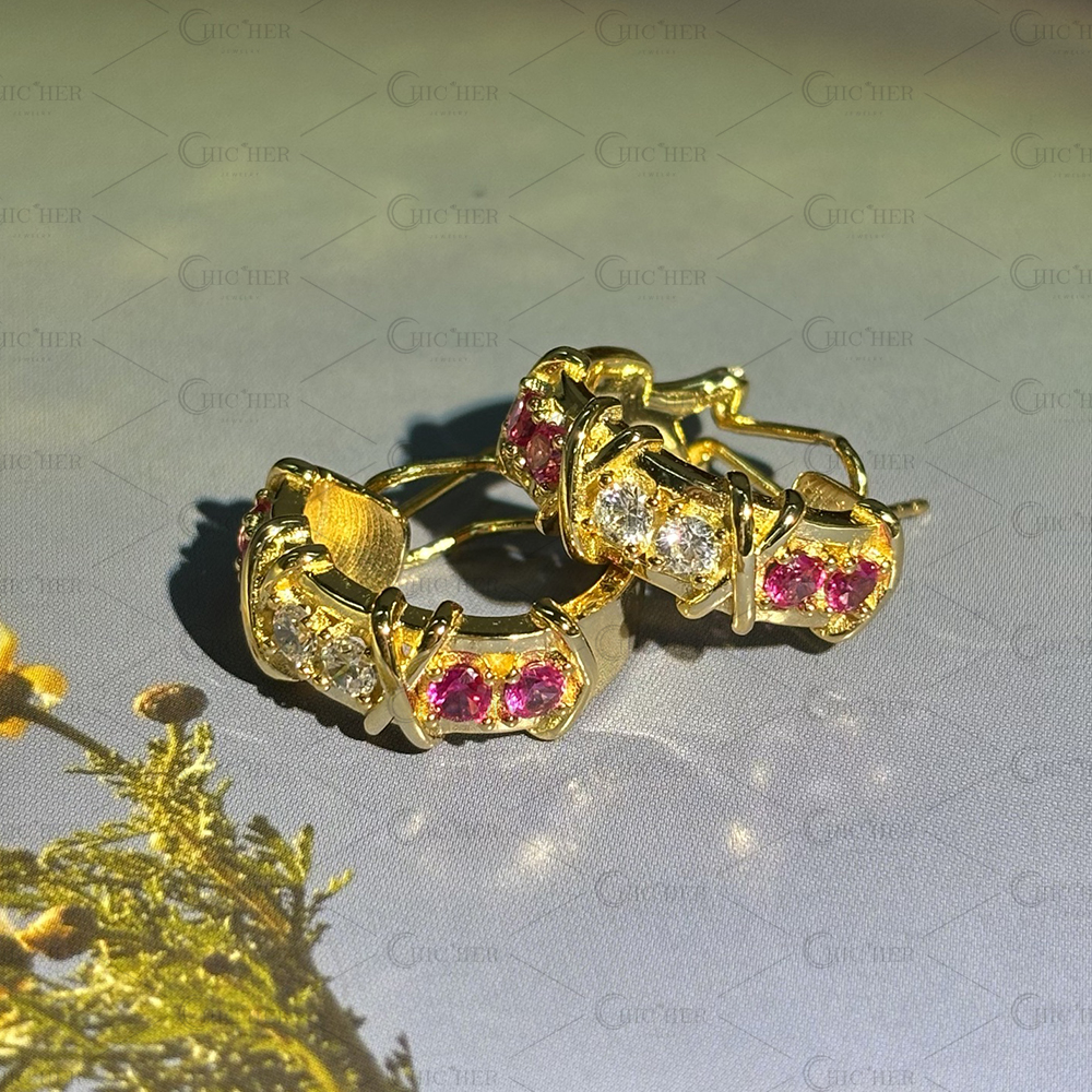 Two Tone Round Cut Pink&White Sapphire Hoop Earrings