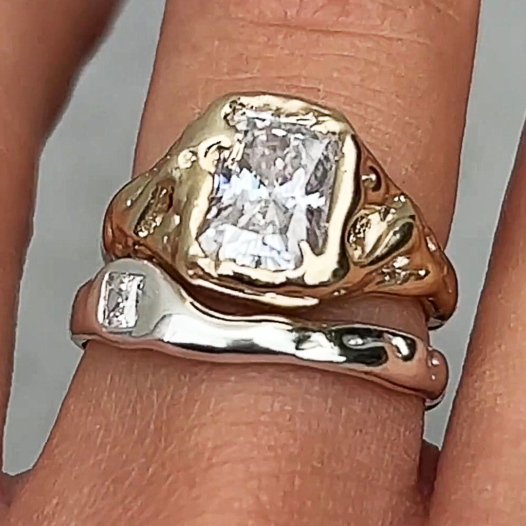 Art Deco Design 4ct Radiant Cut White Sapphire Ring Set