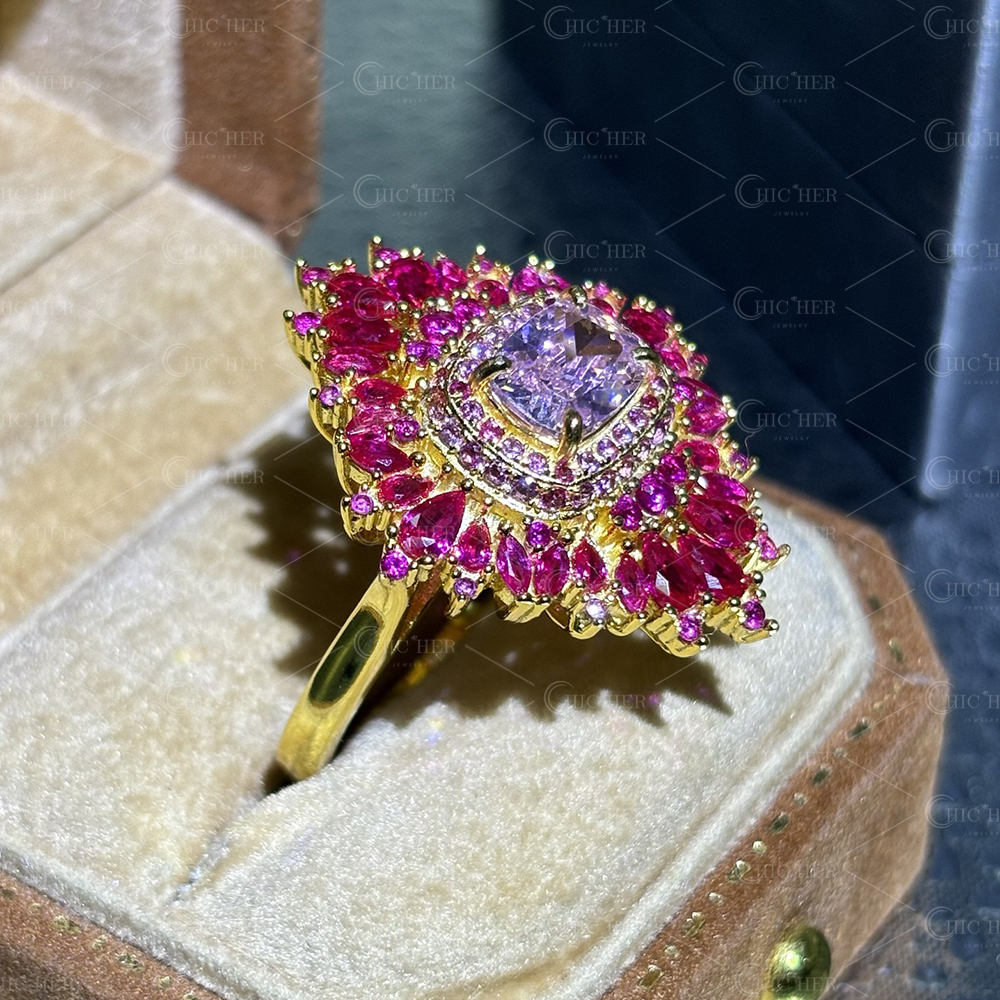 Ruby Halo 2ct Cushion Cut Pink Sapphire Cocktail Ring