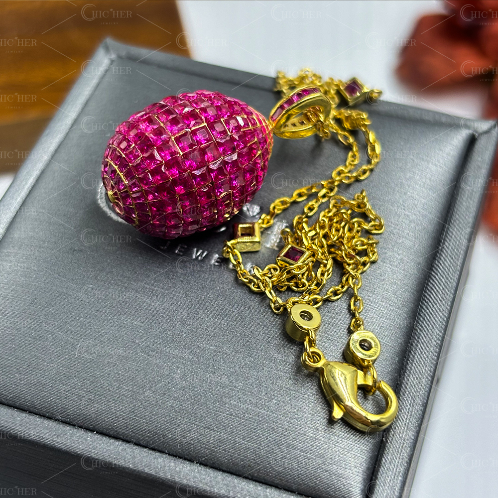 Invisible Setting Princess Cut Rainbow Egg Pendant Necklace