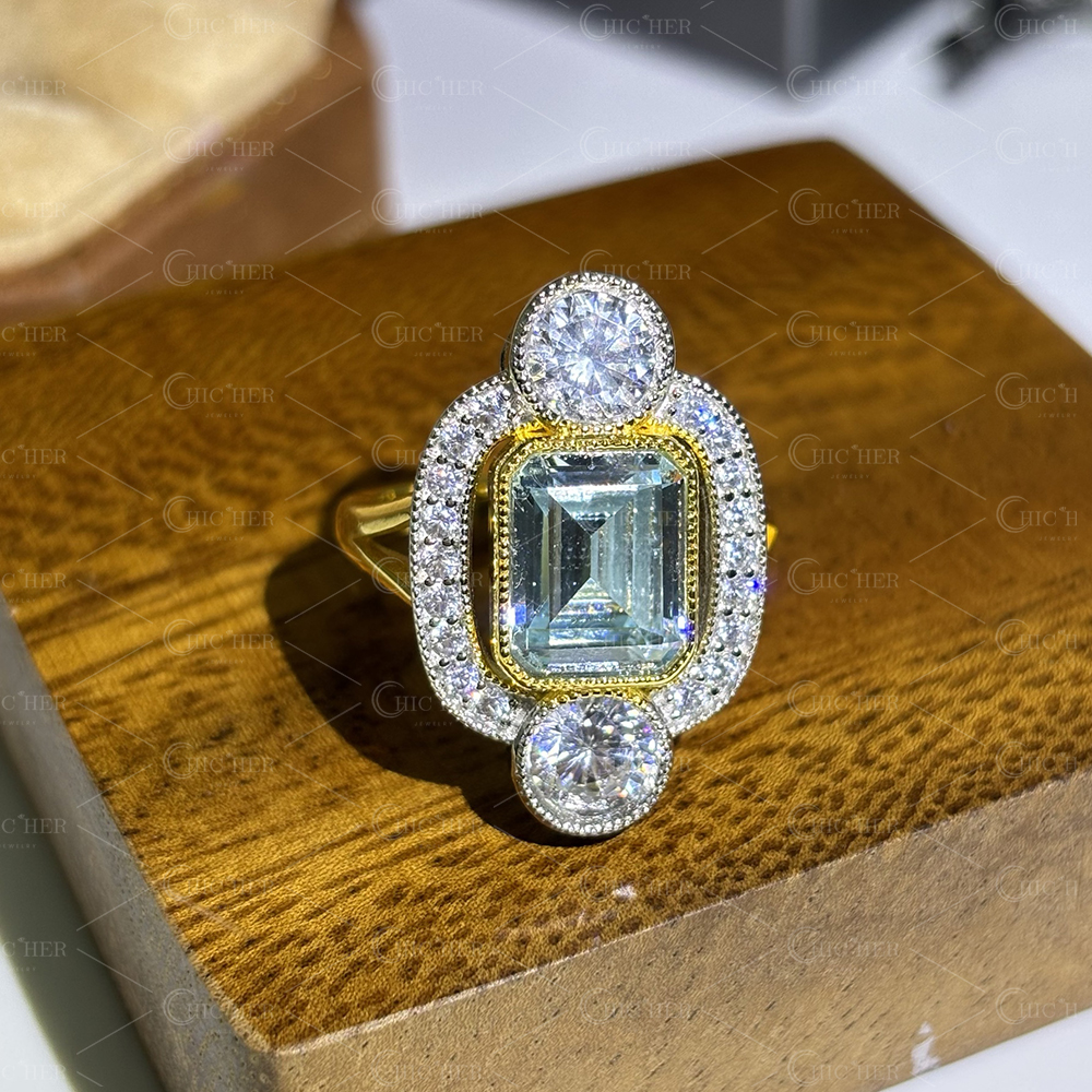4ct Art Deco Design Emerald Cut Aquamarine Ring
