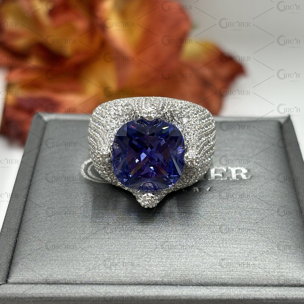 7ct Paved Setting Cushion Cut Blue Sapphire Cocktail Ring