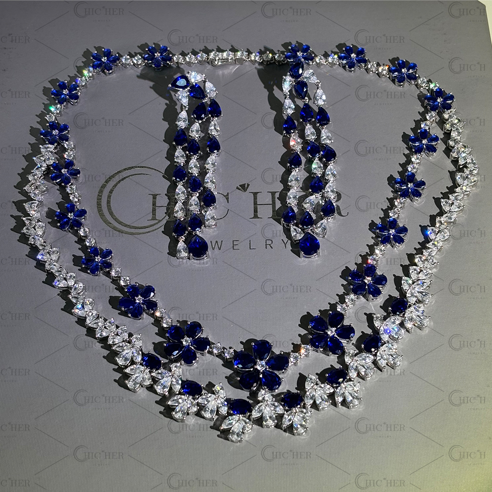 Floral Design Blue Sapphire Necklace&Earrings/2pcs
